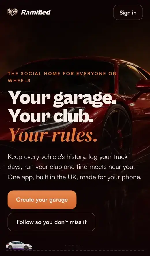 Ramified home screen on a phone: Your garage. Your club. Your rules.